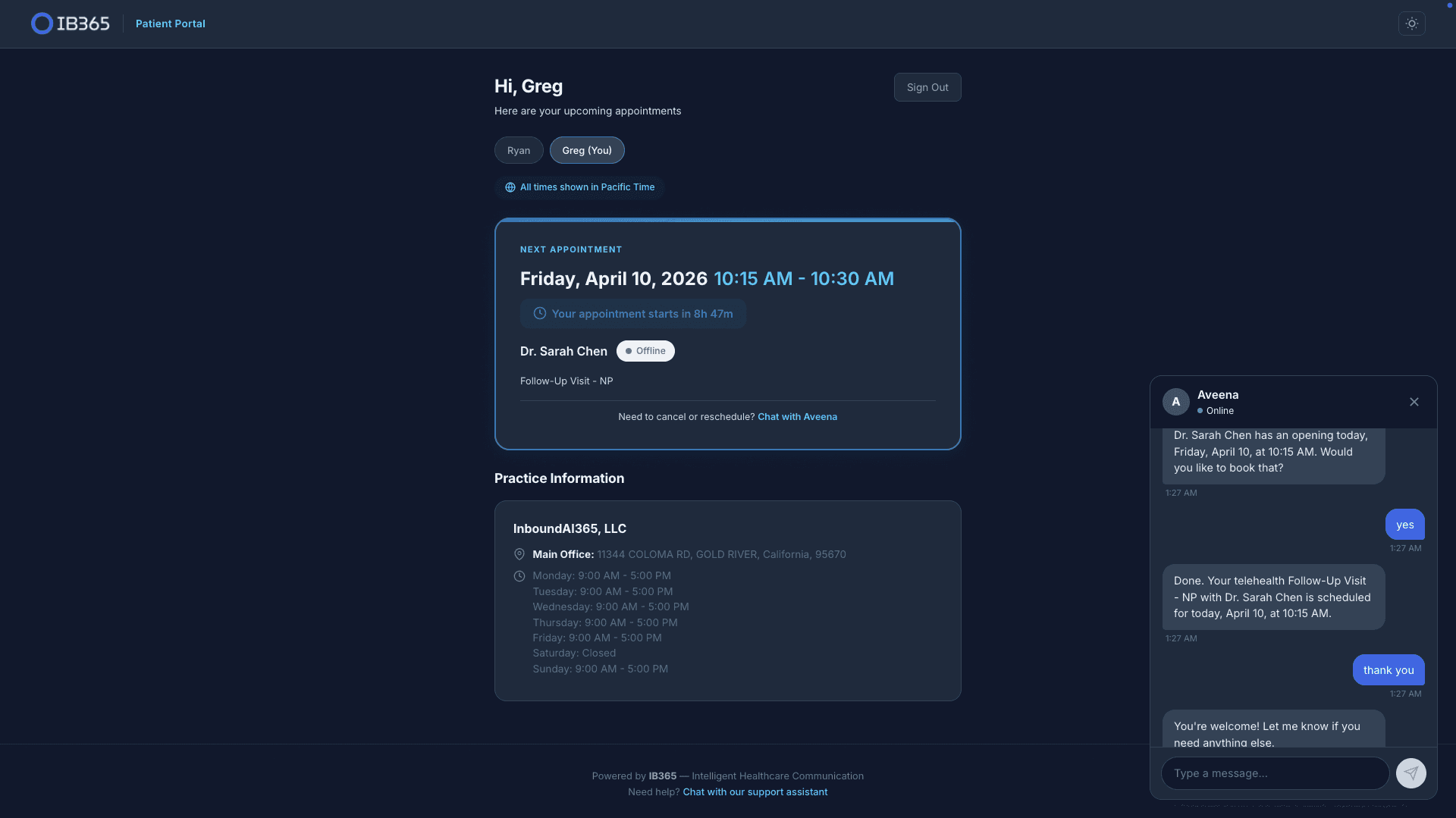MyCare patient portal — appointments, provider status, Aveena chat