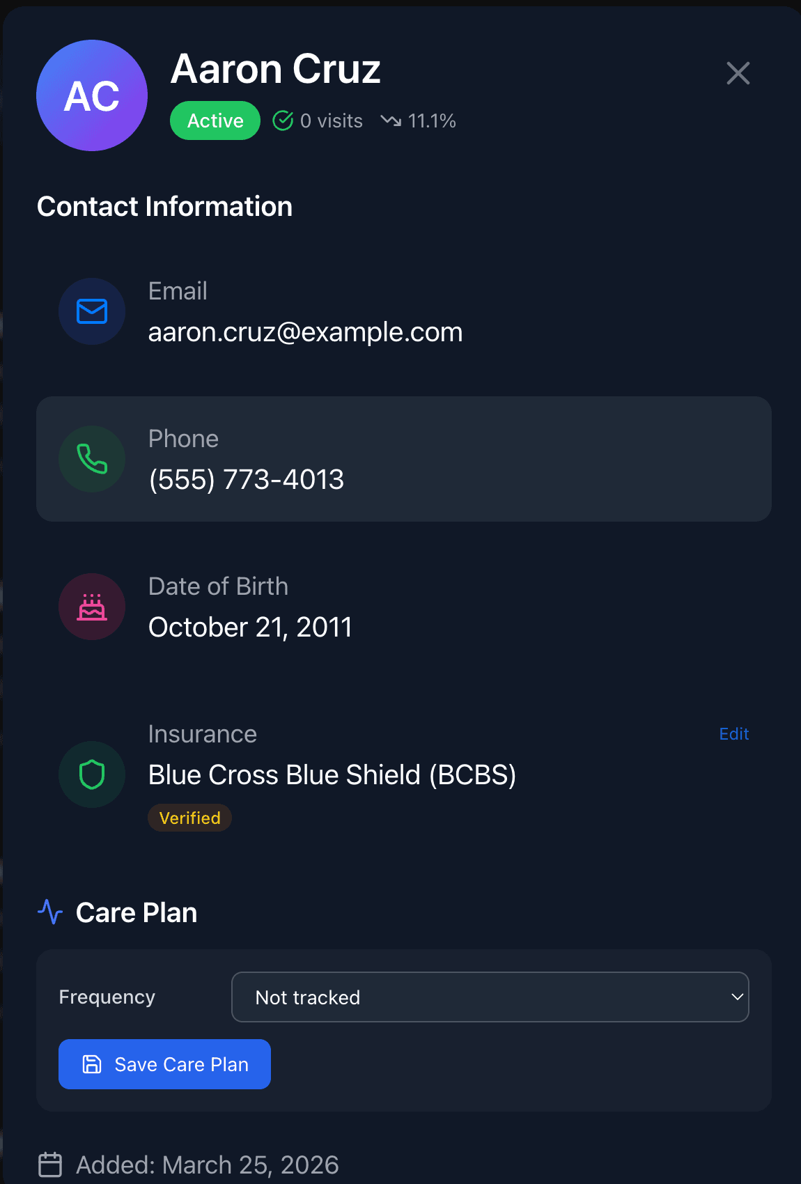 Patient detail — contact, insurance, care plan