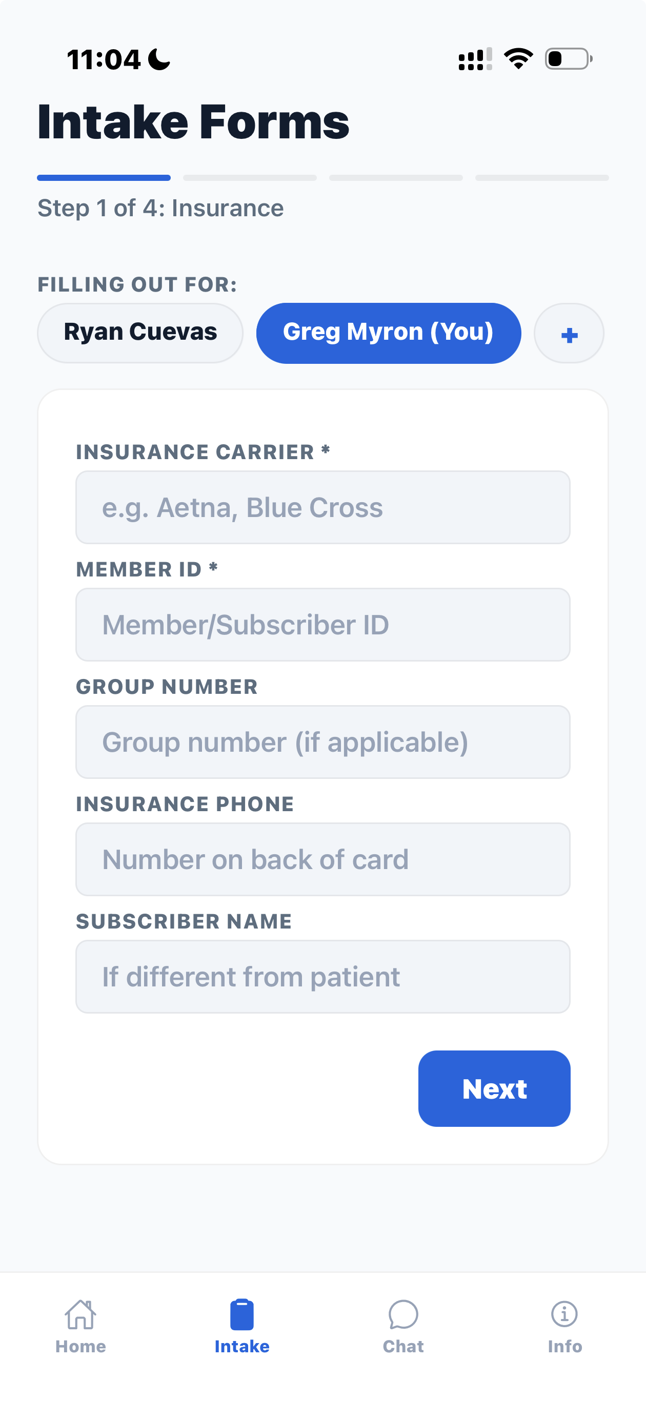 MyCare — Intake forms light mode